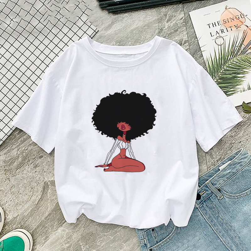 

Novelty Black Girl Magic Poppin Female T-shirt Queen Melanin Print Harajuku Hip Hop Rock Black Tshirt Summer Women Streetwear 2021 wholesale, White 4