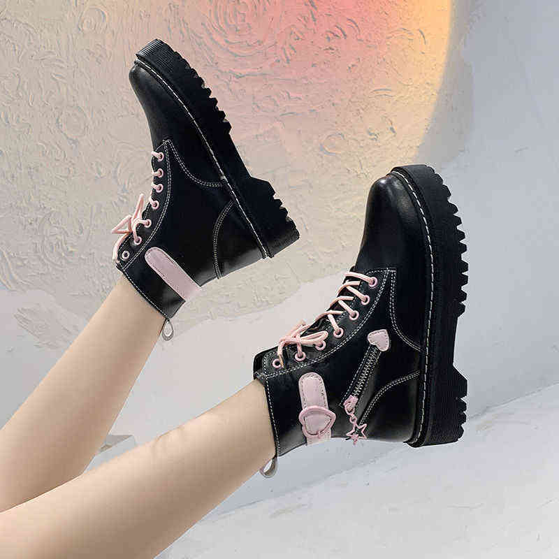 

Qweek Lolita Japanese Kawaii Pink Black Martin Boots Short Love Shoes 2021 New Platform Wild Thick-heeled Rubber Wedges
