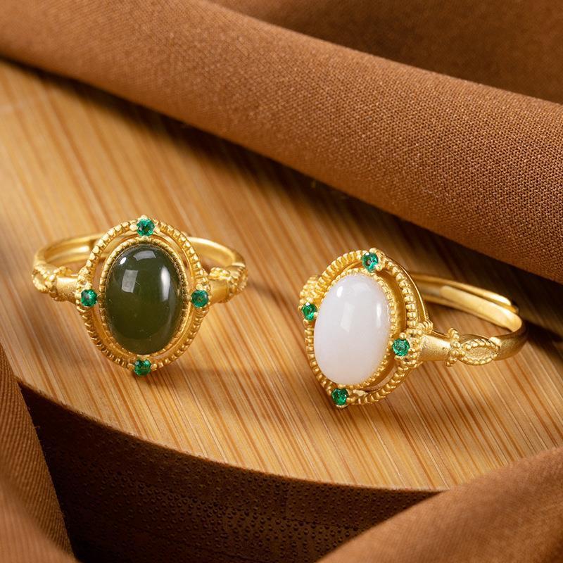 

Cluster Rings Original Natural Hetian Chalcedony Oval Opening Adjustable Ring Chinese Style Retro Unique Gold Craft Women's Festival Gift, Golden;silver