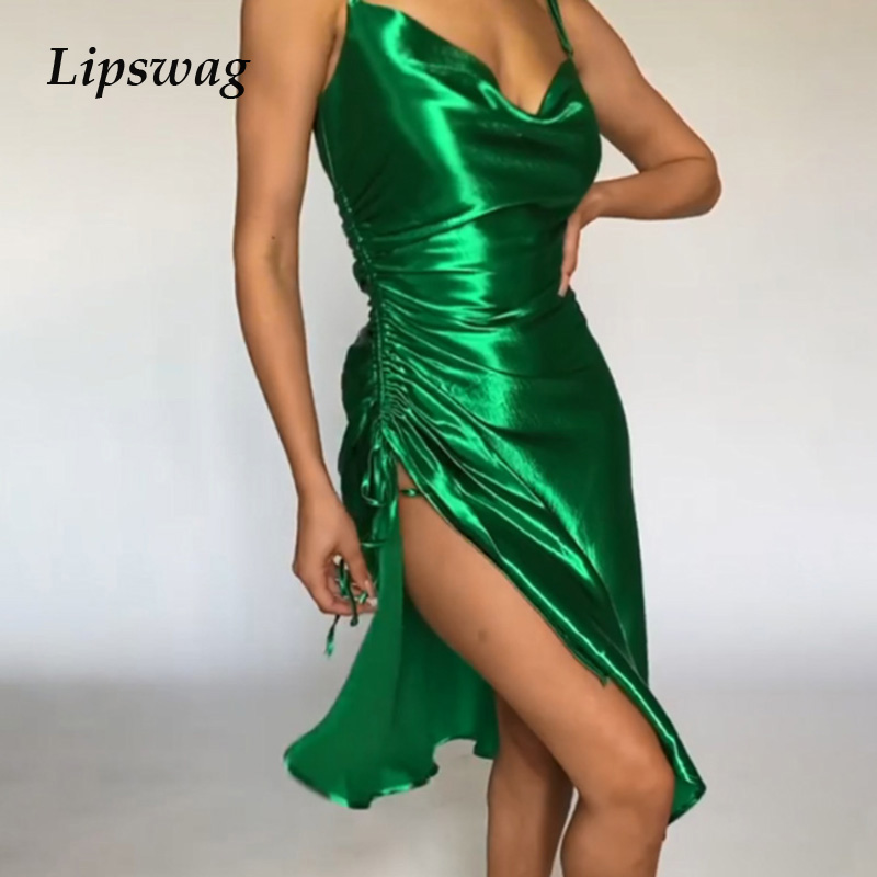 

lady sleeveless spaghetti strap party dress elegant slash neck draped satin dress women dstring split slim bodycon dresshigh quality, Black;gray