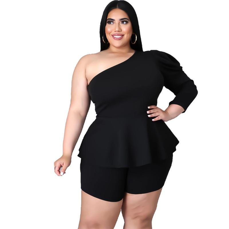 

Plus Size Tracksuits Summer Fashion Two Piece Set Clothing For Women Puff Sleeve Ruffle Top Short Pants Suit Solid Leisure Tracksuit Outfit, Black