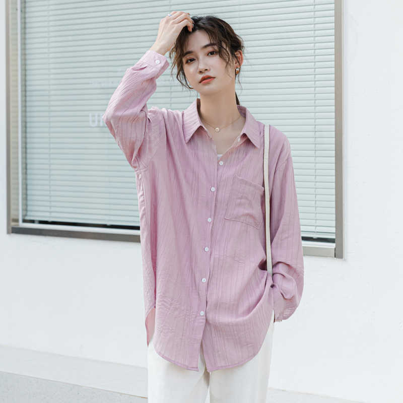 

Women Tops Button Up Shirt Solid Polo-Neck Chiffon Shirts for Female Long Sleeve Blouse Teenage Girls Summer Blouses 210604, Pink