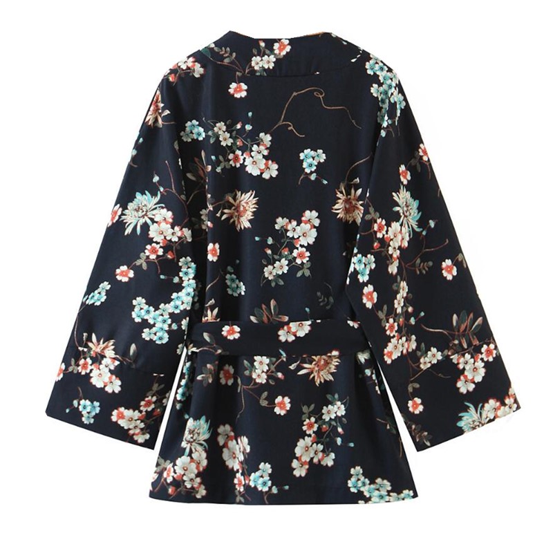 

2021 Bohemian Women Black Flower Print Kimono Shirt Holiday Beach Tide Bow Sashes Mid Long Cardigan Chiffon Blouse BOHO Tops, Red