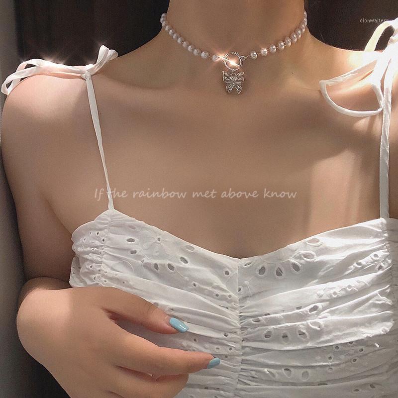 

Chains Shiny Pearl Rhinestones Butterfly Tassel Necklace Female Exquisite Pendant Clavicle Women's Neck Chain Wedding Party Jewelry