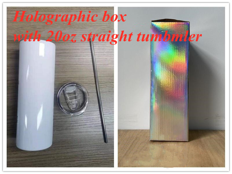 

sublimation straight tumbler with Holographic box 20oz skinny tumblers 304 Stainless Steel cup plus straw Unique packaging set, Blank