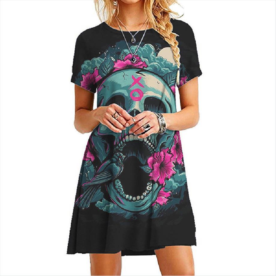 

fashion ball gown skull flower womens dress printed casual short sleeve irregular high waist princess summer mini s 2xl, Black;gray
