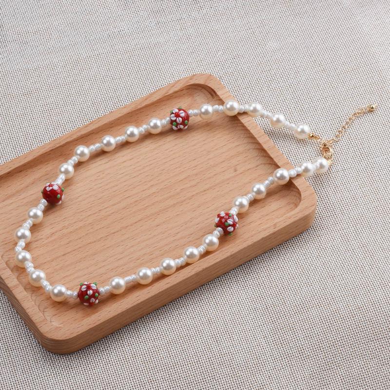 

Chokers Cute Handmade Pearl Beads Chain Pendant Red Fruit Clavicle Necklaces For Women Girls Accessories Summer Jewelry