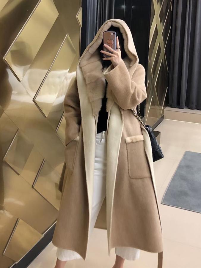 

Women's Fur & Faux Solid Loose Mink Hair Hooded Detachable Down Liner Woolen Coats Female Elegant Warm Wool Jacket Women Outwear Ladies Over, Black