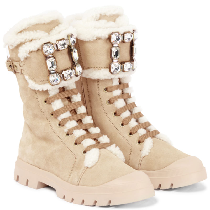 

Designer women's boots winter fur surface snow boots leather wool lace up square buckle middle boots leather outdoor warm shoes, Carton