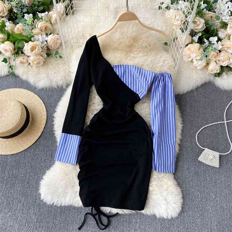 

Blue Striped Patchwork One Shoulder Long Sleeve Women Dress Spring Fashion Ruched Drawstring Mini Bodycon Party Dresses 210603