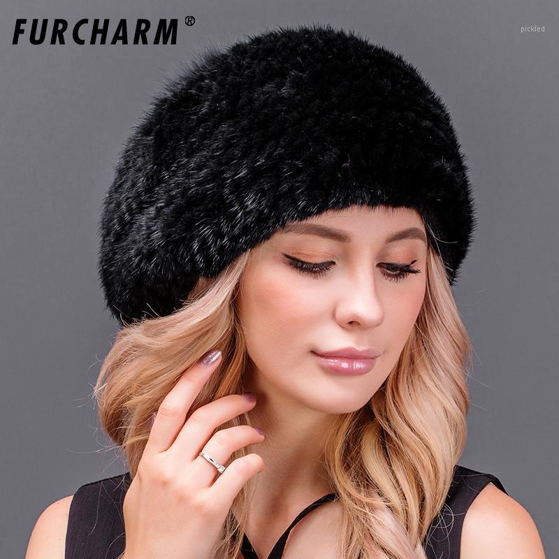 

Berets FURCHARM Genuine Caps Women Luxury Hat With Fur Pompom Ball Elegant Warm Women's Winter Real Hats, Black