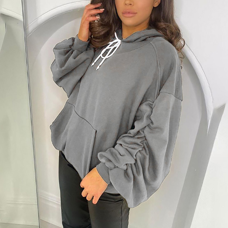 

2021 New Women Solid Color Hooded Sweatshirts Autumn Fashion Pullover Tops Female Pile Sleeve Casual Hoodies with Pockets Wwm7, Khaki