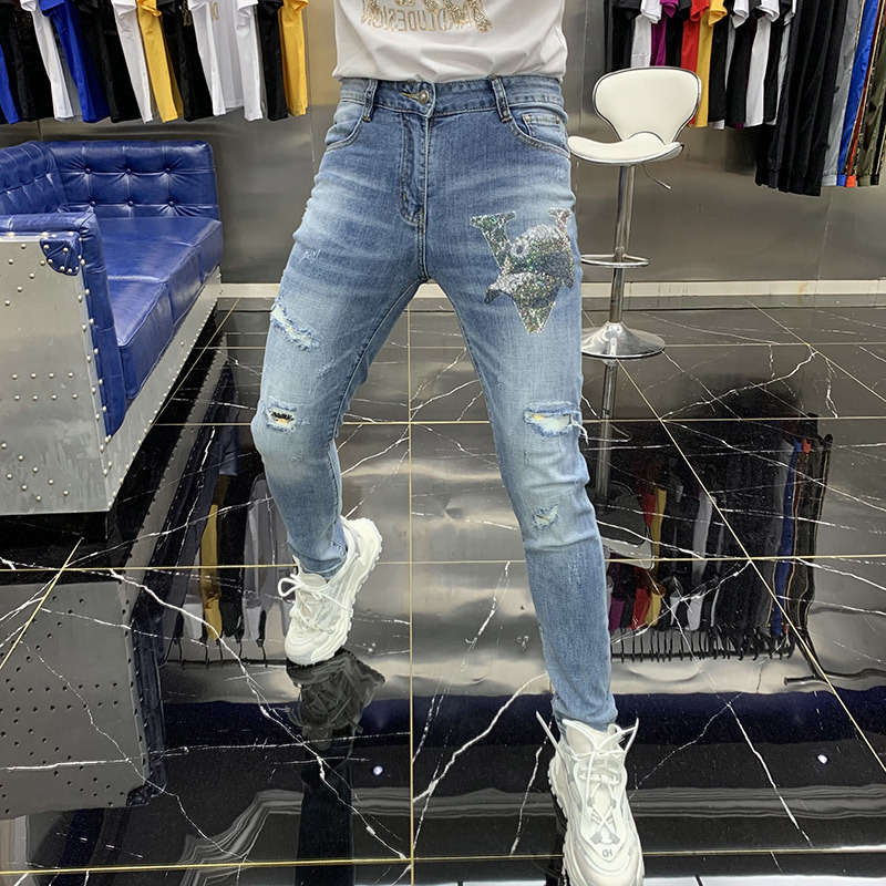 

2021 New Spring Hole Men's Hot Drill Erkek Jean Pantolon Brand Slim Trend Korean Fashion Denim Jeans Men Aq63, Blue
