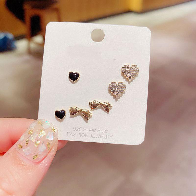 

Stud Mixed Styles Small Bowknot Heart Earrings Set Gold Color Cubic Zircon Paved For Women Girls