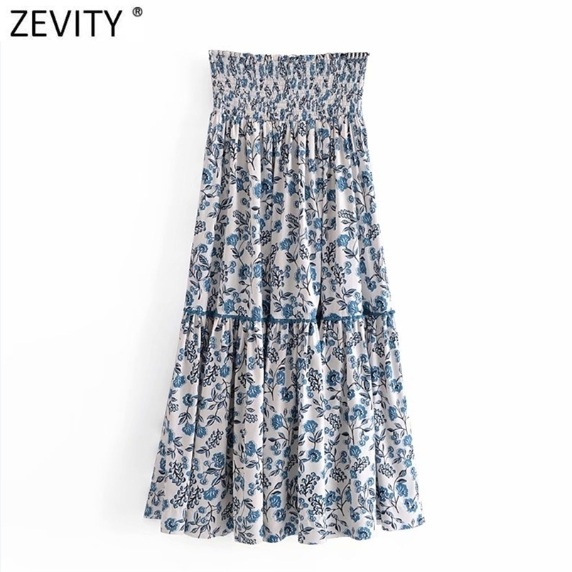 

Zevity Women Fashion Floral Print Lace Crochet Stitching Midi Skirt Faldas Mujer Female Elastic High Waist Boho QUN786 210702, As pic qun786wf