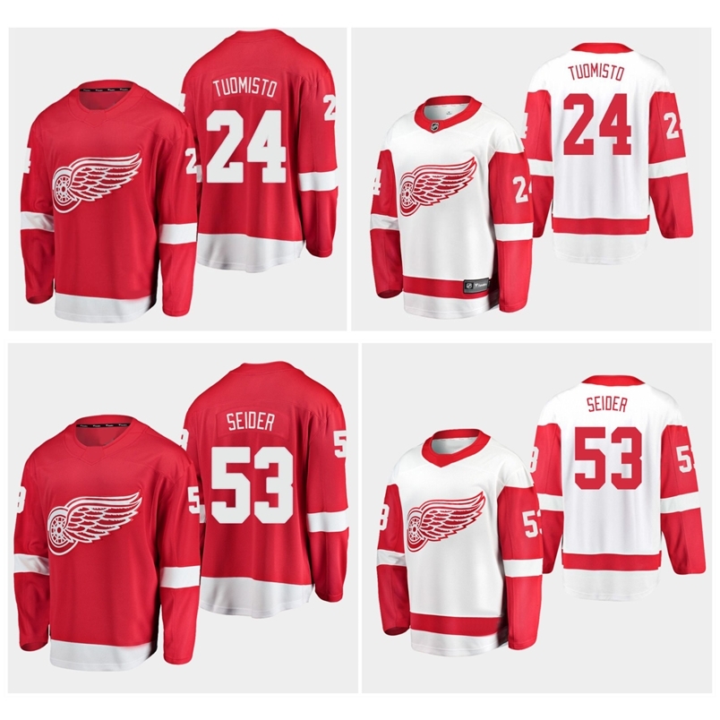 

95 2019 Detroit Red Wings Jersey 24 Antti Tuomisto 53 Moritz Seider 100% Stitching Hockey Jersey, Black