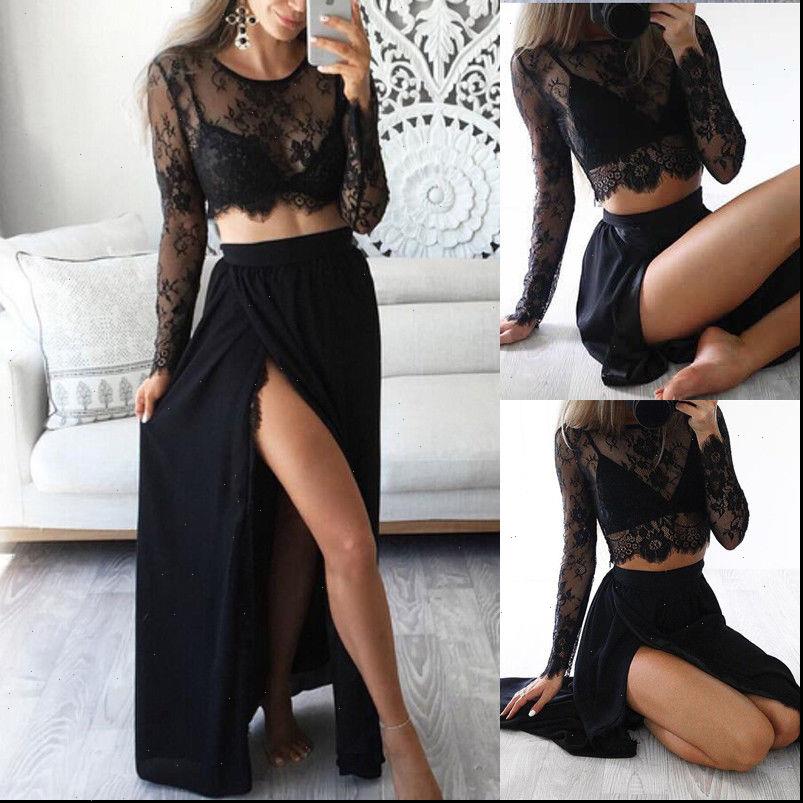 

2 pcs summer beach women evening party sets transparent lace hollow long sleeve crop black long maxi split skirts, Gray