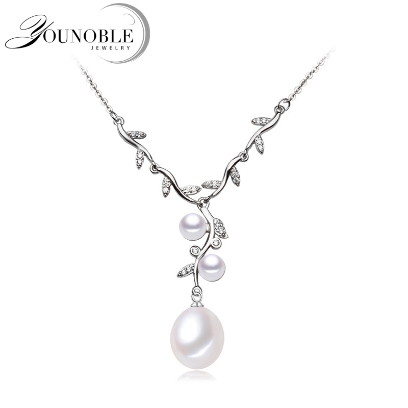 

Real 925 Sterling Silver Leaf For Women,Wedding White Natural Pearl Necklace Girl Birthday Gift