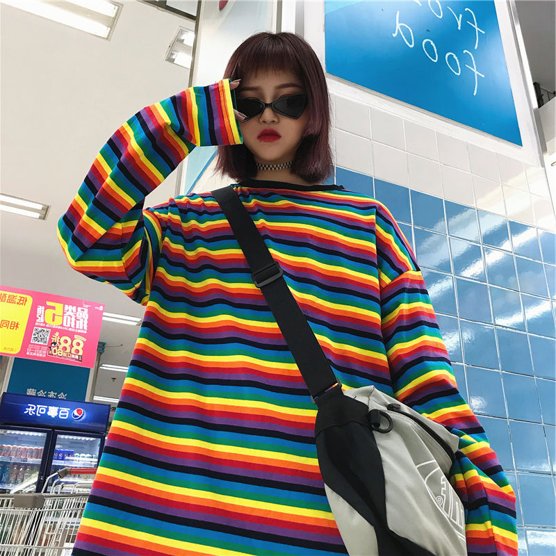 

Rainbow Stripe Print Tshirt Women 2021 fashion Korean Style Tshirt Fashion Long Sleeve Casual Loose Aesthetic Clothes, White