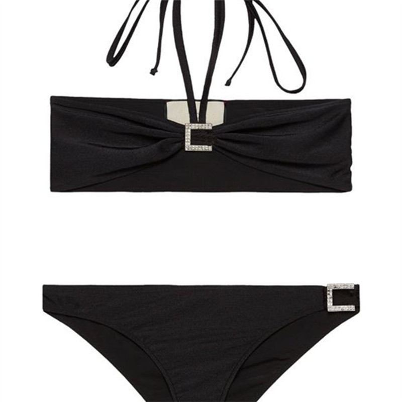 

Fashion Crystal Bikini Classic Letter Swimwear Elegant Backless Swimsuit Off Shoulder Swimwear Bandeau Bathing Suit Sexy Beach Swimsuit, White;black