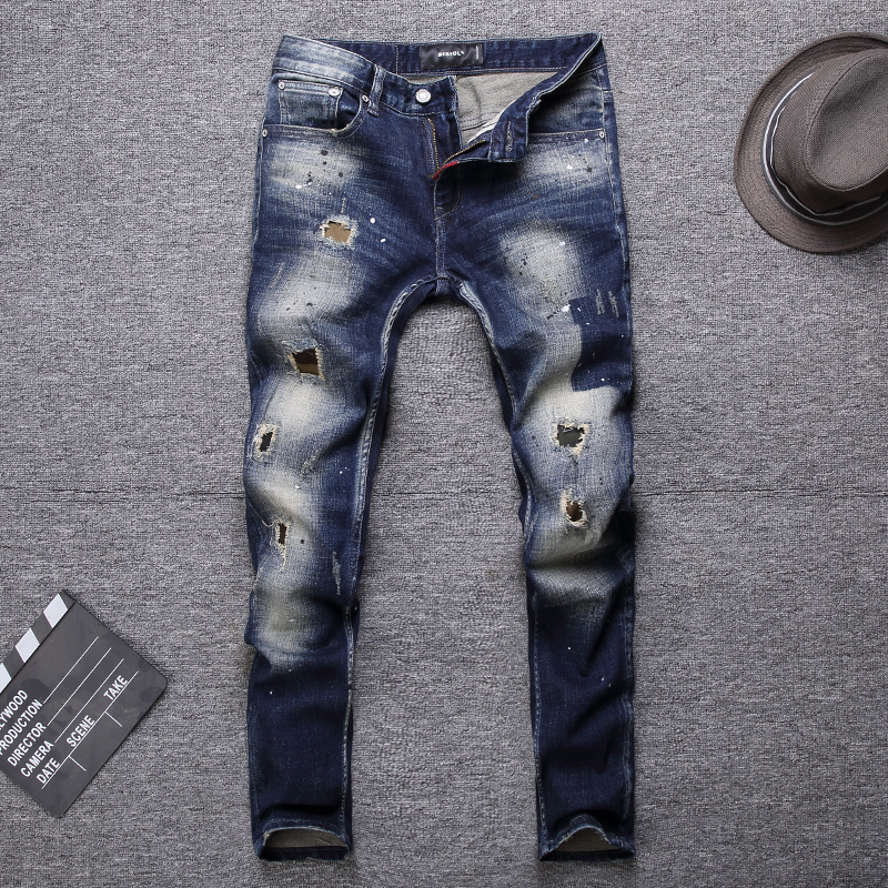 

2021 New Fashion Streetwear High Quality Black Blue Slim Fit Destroyed Ripped Men Elastic Punk Pants Hip Hop Jeans Homme Gp4a, Retro blue