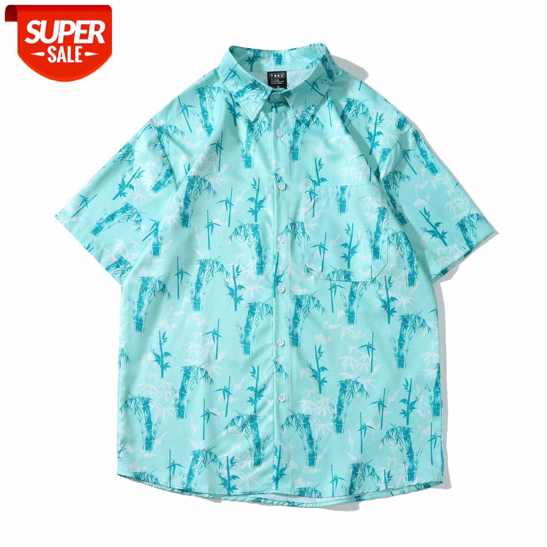 

Japanese flower short-sleeved shirt retro ALOHA Weiyi men and women Xiaoqing bamboo print beach #Dm2e, White;black
