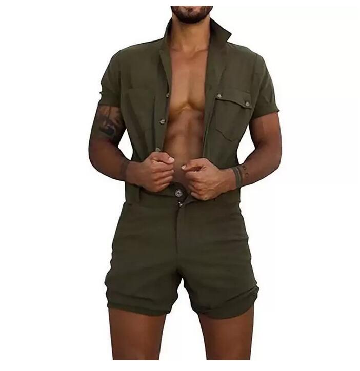 

Cotton Jumpsuit Mens Overalls Casual Lapel Sleeve Rompers Solid Color Overall Single Breasted Romper Short Pants, Light blue