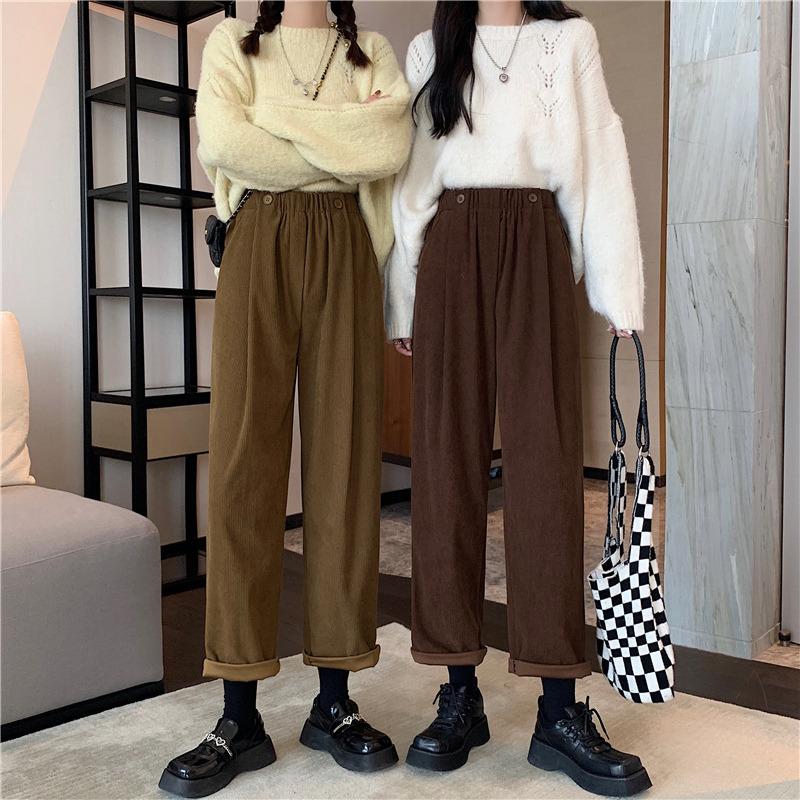 

Women's Pants & Capris Limiguyue Women Corduroy Vintage Solid Trousers Button Autumn Winter Korea Casual Loose Straight Wide Leg Pant Mujer, Black;white
