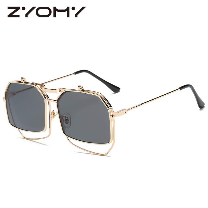 

Sunglasses Q Women Eyewear Accessories Flip Up Double Layer Metal Frame Polygon Gafas