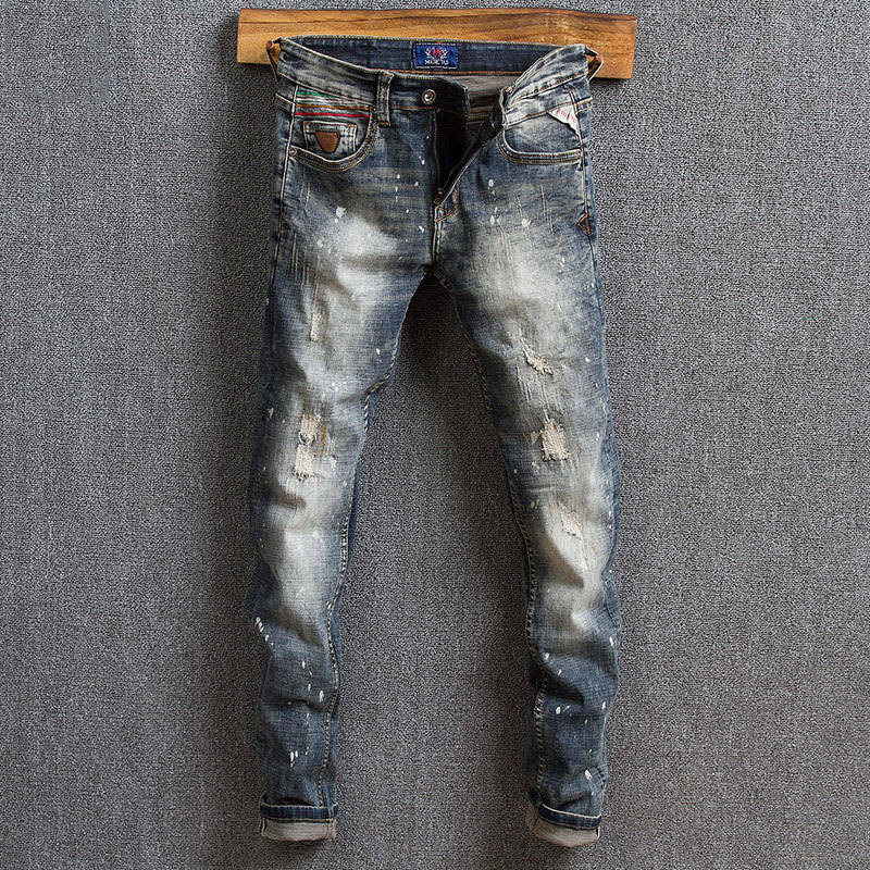

2021 New Italian Style Fashion Paint Retro Washed Slim Fit Ripped Men Streetwear Hip Hop Destroyed Designer Jeans Homme Cwas, Retro color