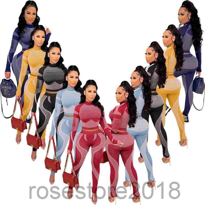 

2021 fall winter slim print two piece set Women Tracksuits Two Piece Set Designer Line Stitching Long Sleeve T Shirt Pencli Pants Casual Ladies Sports Suits S-2XL, Orange