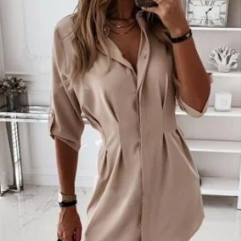

2021 New Women Elegant Slim Fashion Three Quarter Sleeve Solid Color Office Lady Work Autumn Spring Turn Down Collar L56b, Khaki