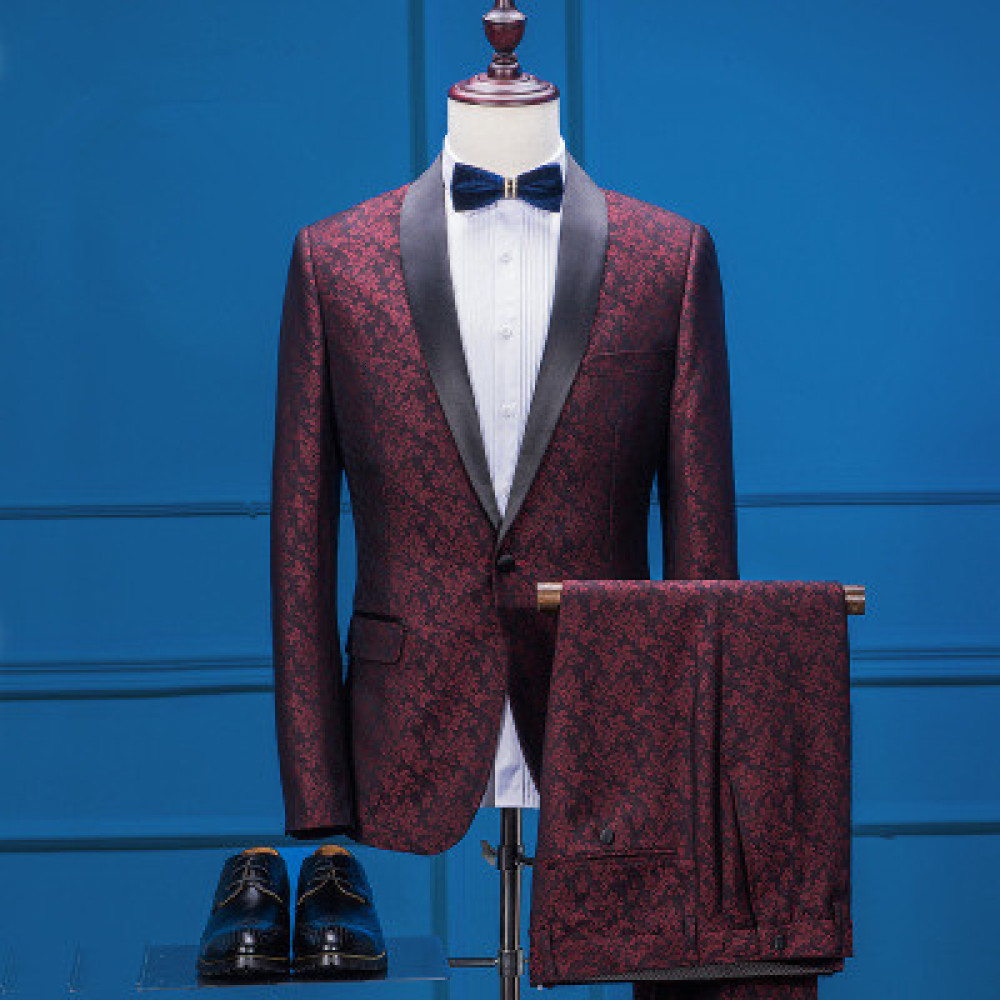 

Large Size for Men Pieces 2021 Autumn Style Color Printing Suit Fashion Groom Marriage Dress Slim Men's Set Owrs, Burgundy