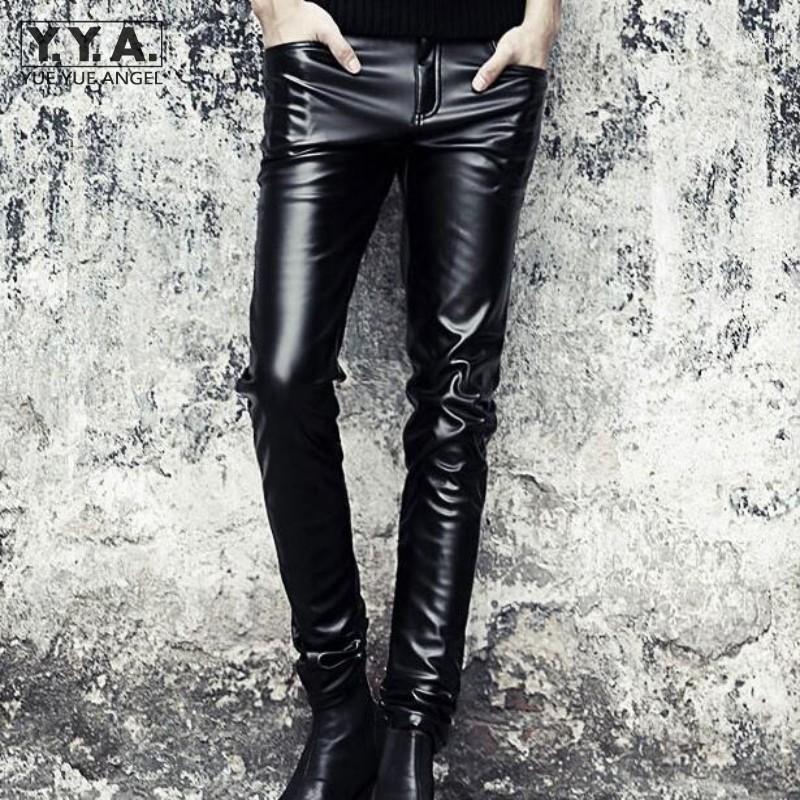 

Punk Mens Slim Fit Trousers Motorcycle Skinny Faux Leather Pencil Pants Fashion Black Full Length PU Men's