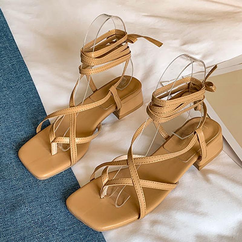 

Sandals Women Ankle Lace-Up 2021 Summer Roman Style Cross Strap High Heels Fashion Narrow Band Shoes Square Toe White, Black
