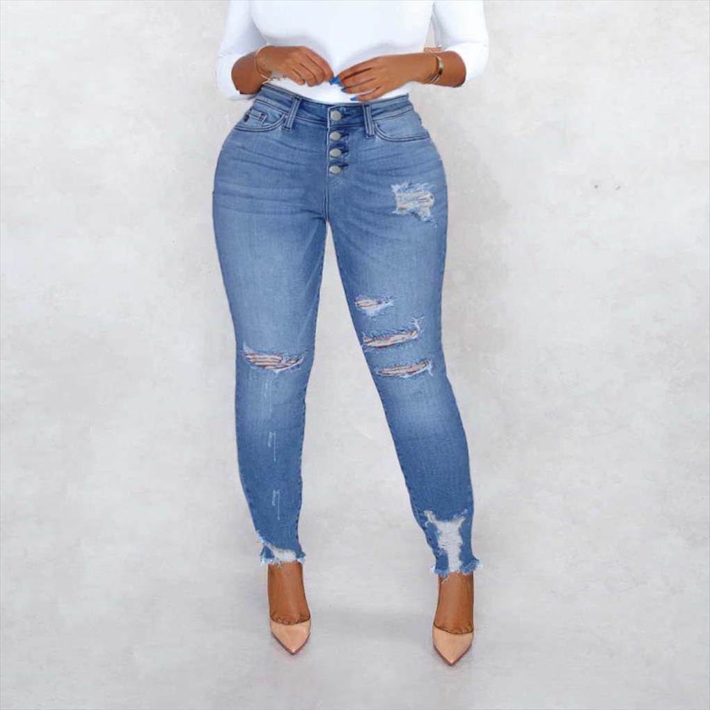 

casual spring summer fashion washed womens jeans distressed hole stretch skinny denim pants ladies pencil, Blue