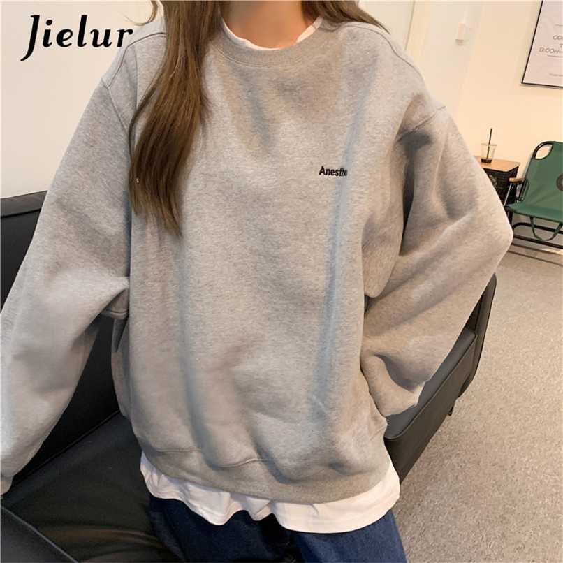 

Jielur Orange Gray Sweatshirt Women -XL Fake Two Piece Oversize Hoodie Female Loose Korean Fleece Streetwear Letter Embroidery 211109