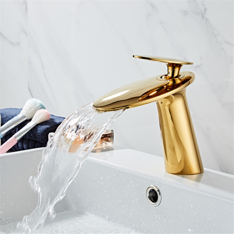 

2021 New Basin Solid Brass Bathroom Faucet Cold and Hot Waterfall Mixer Sink Tap Single Handle Deck Mounted Gold/black/chrometap Ymb1