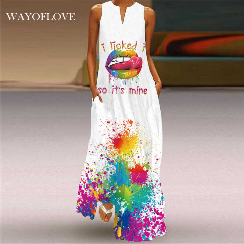 

WAYOFLOVE Elegant Sexy Mouth Print White Dress Casual Plus Size Long Dresses Woman Summer Beach Sleeveless Maxi Dress Women 210602, Vlcq-101