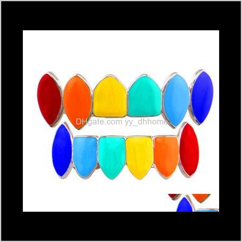 

Hip Hop Gold Tekashi 69 Rainbow Teeth Grillz Top&Bottom Colorful Grills Dental Halloween Vampire Teeth Grill Set Lexna G6Wbk