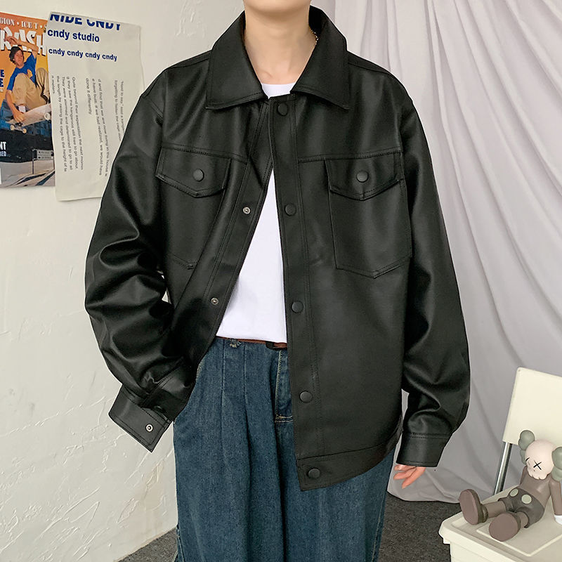 

2021 New Korean Black Leather Men's Fashion Lapel Pocket Motorcycle Jackets Mens Streetwear Loose Hip-hop Bomber Jacket Men S-2xl 80c9
