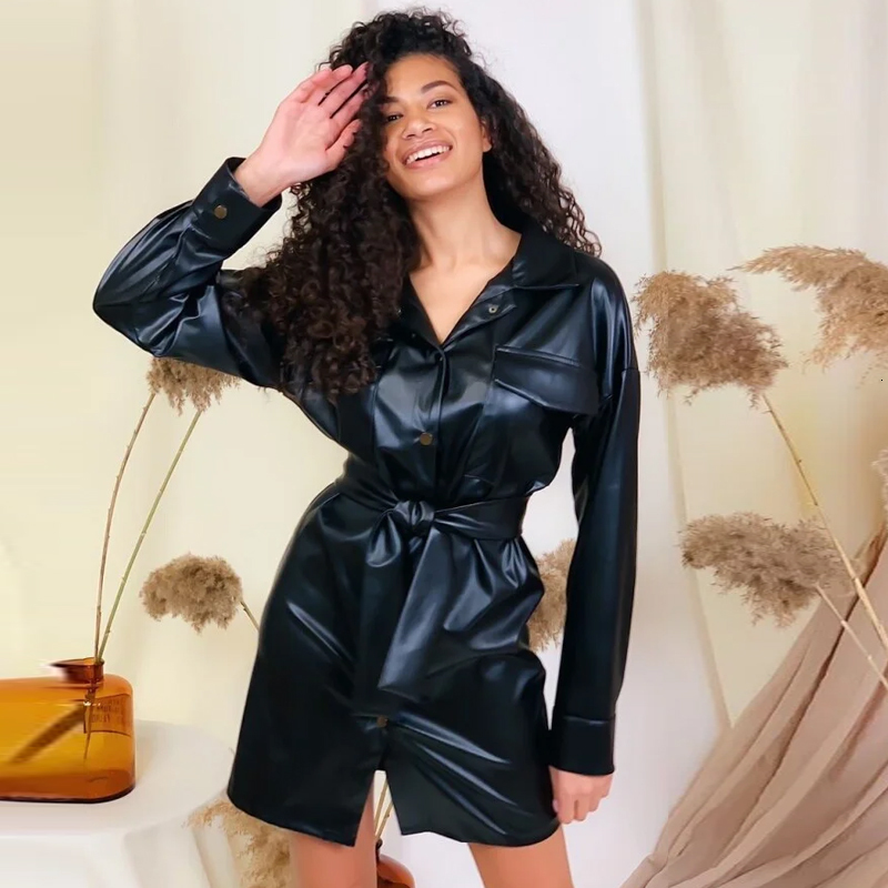 

Women Vintage Sashes Pockets Pu a Line Turn Down Collar Long Sleeve Single Button Elegant Mini 2021 Spring New 0p9t, As picture