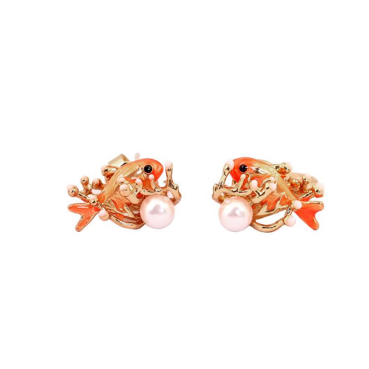 

Stud Atlantis Series Marine Orange Goldfish Ocean Animal Coral Pearl Ear Clip Small Tiny Gold Mini Jacket Minimalist Earrings
