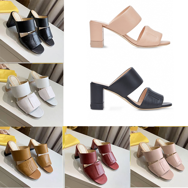 

New women leather slides Embossed Mule sandals 65mm high heels wedding shoes with wide double band designer sandal sexy Dress Shoes 272, Color 2