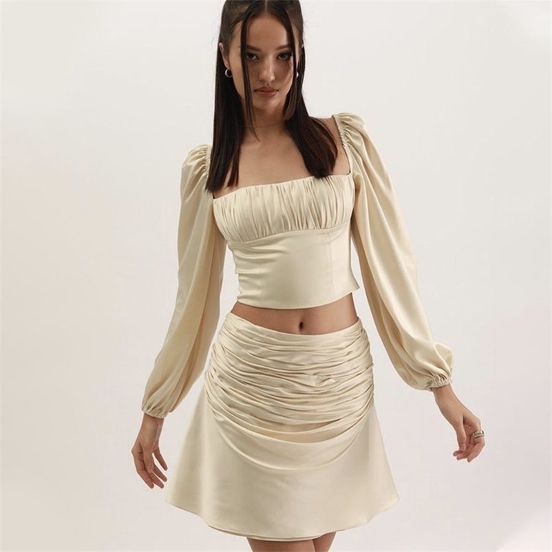

Paris Girl Sexy Backless Two Piece Set Women Long-Sleeved Square Collar Crop Top And Mini Skirt Pleated Fashion Ruched Suit 210524, Apricot