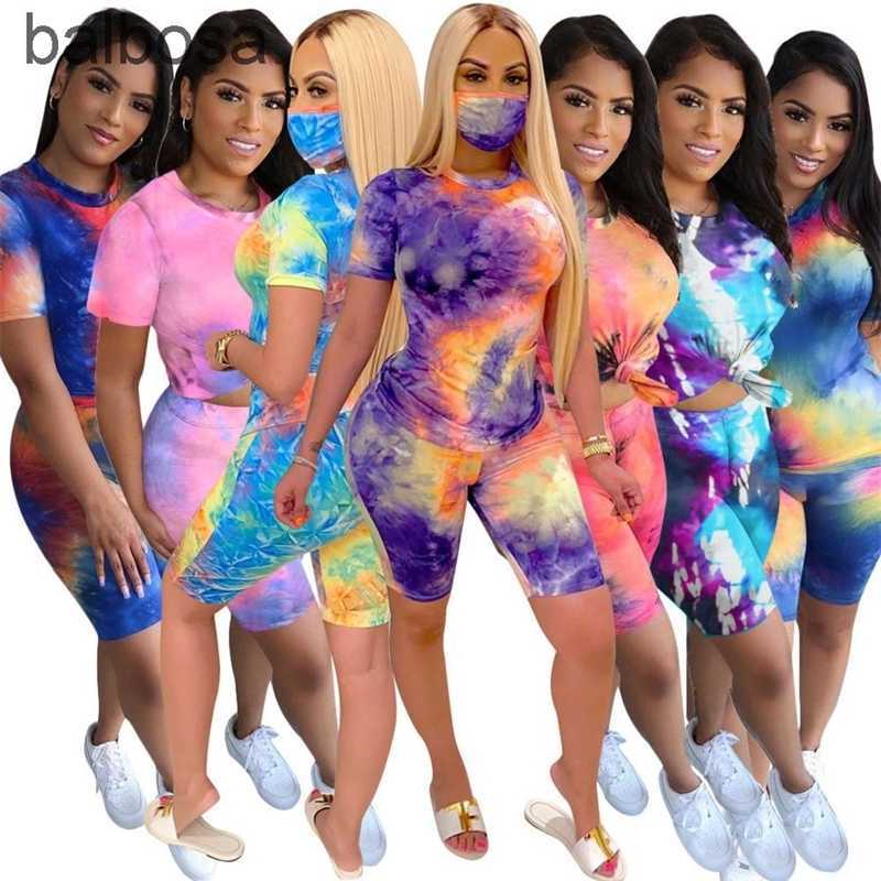 

Women s Clothing 3 Pieces Set Summer Plus Size Outfits Tie Dye Top+shorts+mask Tracksuits Jogging Sweatsuit Clubwear Sportswear, 5# blue purple black vertical bar