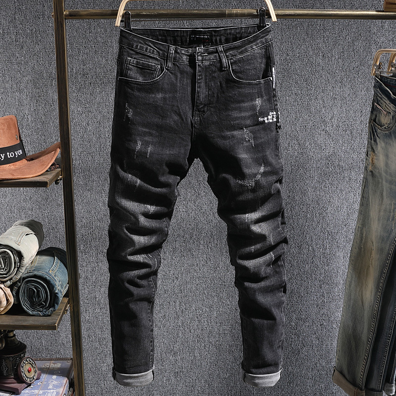 

2021 New Korean Style Fashion Black Color Slim Fit Elastic Ripped Men Denim Pencil Pants Streetwear Hip Hop Jeans Homme V52o