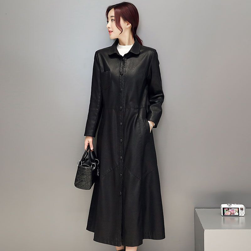 

2021 New Women Faux Leather Jacket Fur Collar Slim Elegant Ladies Coats Women's Windbreaker Long Trench Coat Abrigos Wx02 83gz, Black 610