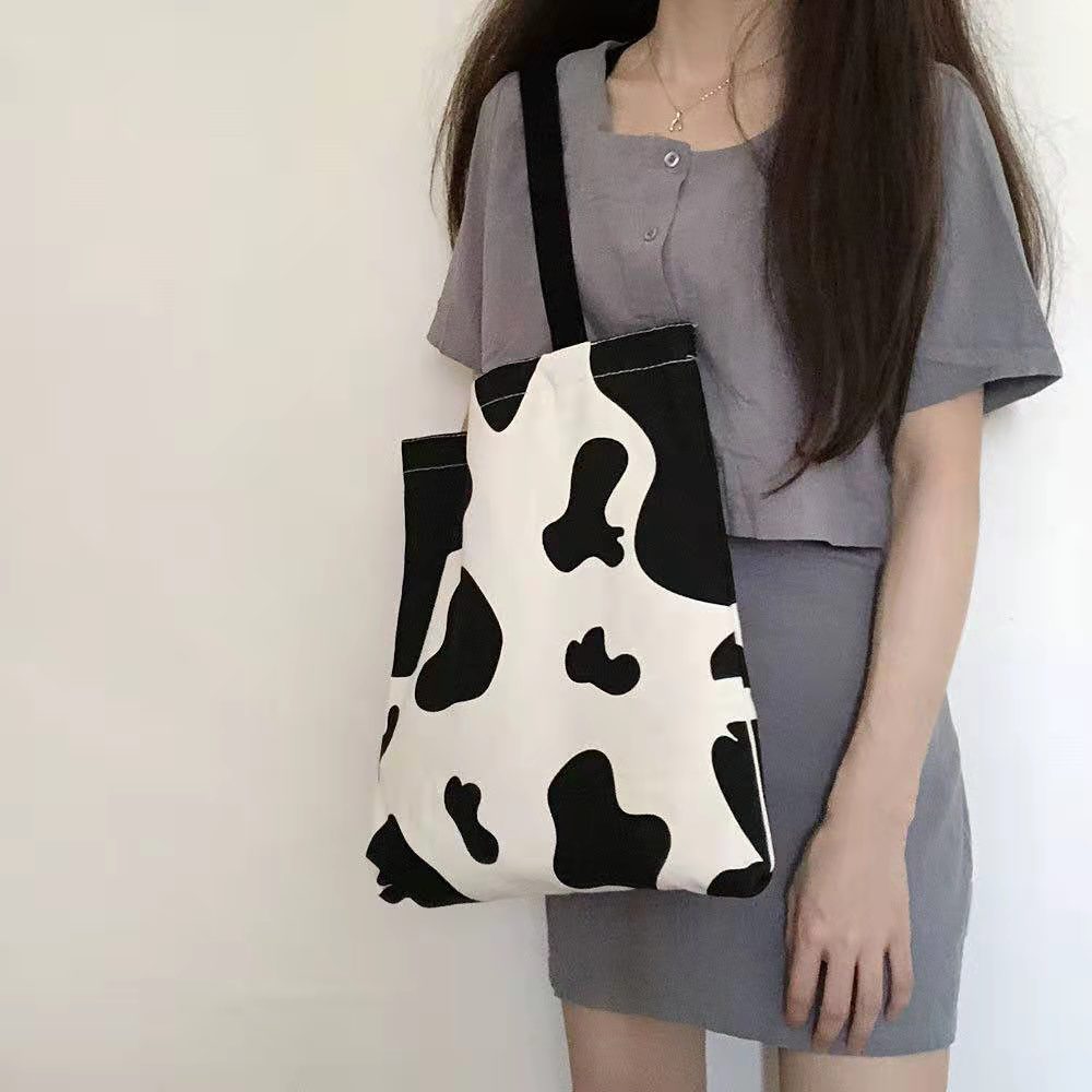 

Shopping Bags Women Cow Color Canvas Harajuku Sweet Girls Korean Leisure Popular Simple Chic Shopper Female Utility Ladys Bag, Black;brown