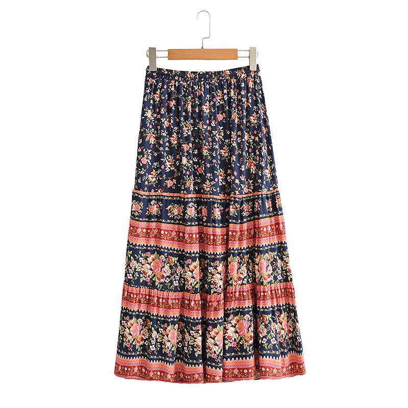 

Bohemian Adjust Stream Elastic Waist Floral Print Long Skirt Hippie Women Swing Skirts Holiday Beach, Red